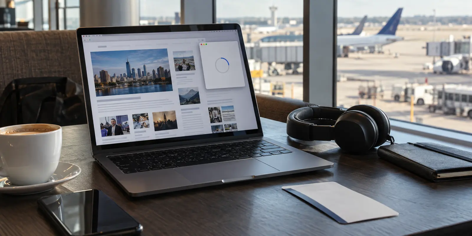 A normal web page loads while a connection panel keeps spinning in an airport lounge