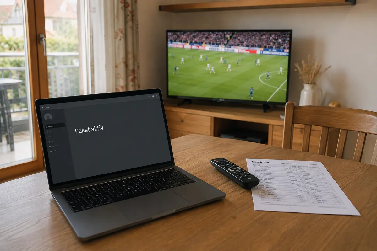 Aktives TV-Paket auf dem Laptop und laufendes Fußballspiel am Fernseher