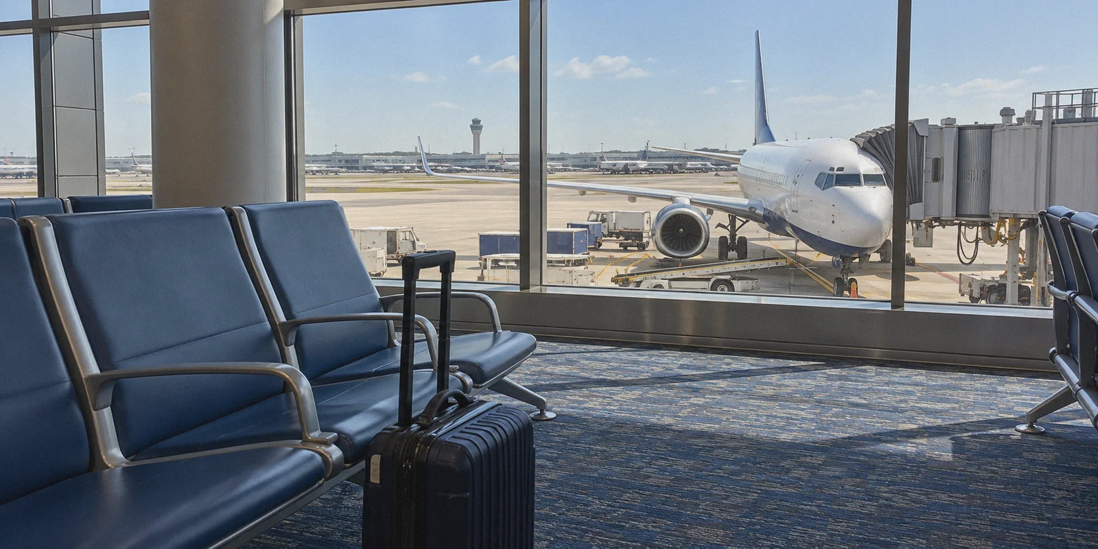 Airport seating beside windows overlooking a parked aircraft.