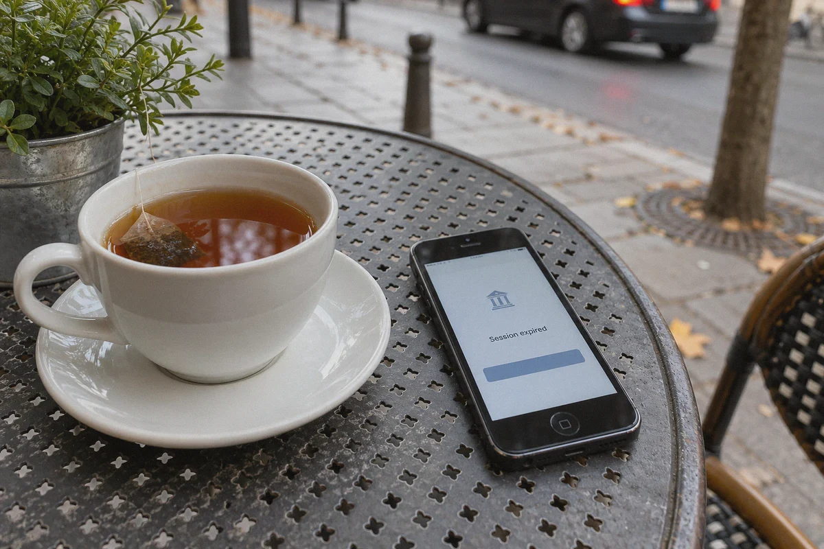 A banking session timeout displayed on a cafe table.