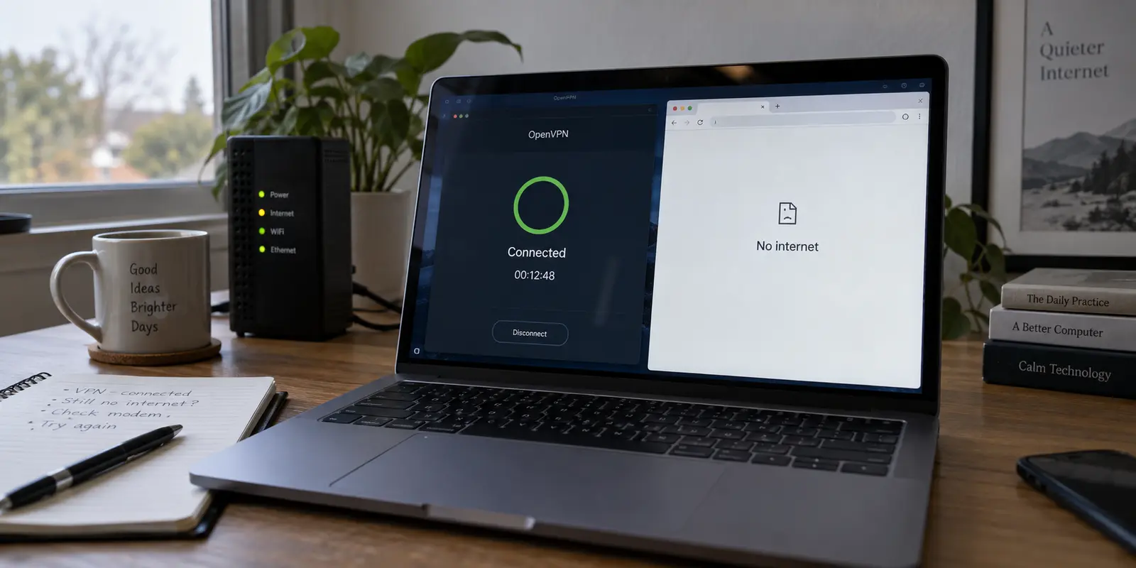 OpenVPN shows connected while the browser reports no internet