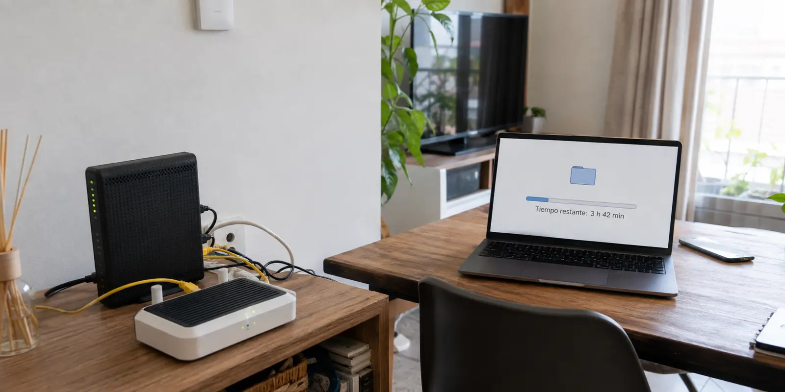 Router doméstico procesando la VPN mientras una gran carga de vídeo muestra horas restantes