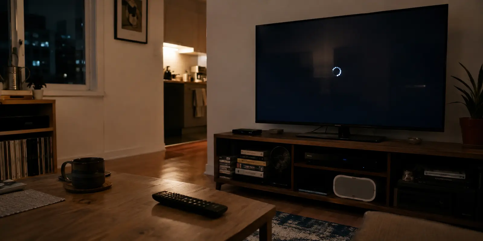 Televisão numa sala ao anoitecer com um programa da OPTO preso no carregamento
