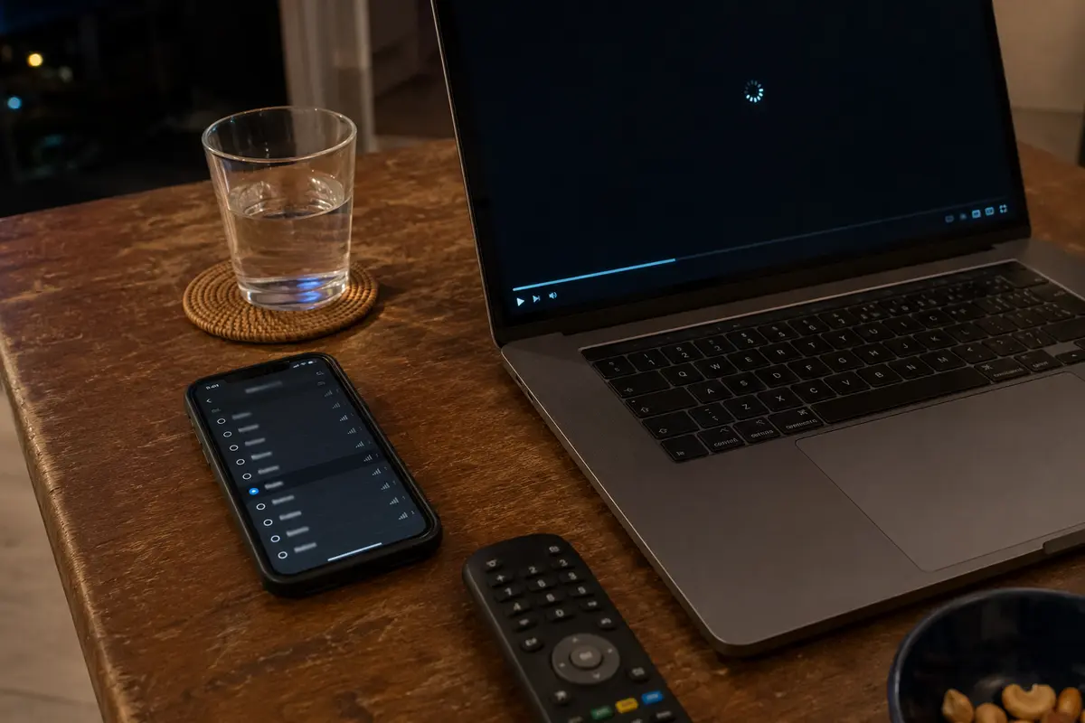 Telemóvel com uma lista de ligações VPN ao lado de um portátil com o vídeo ainda a carregar