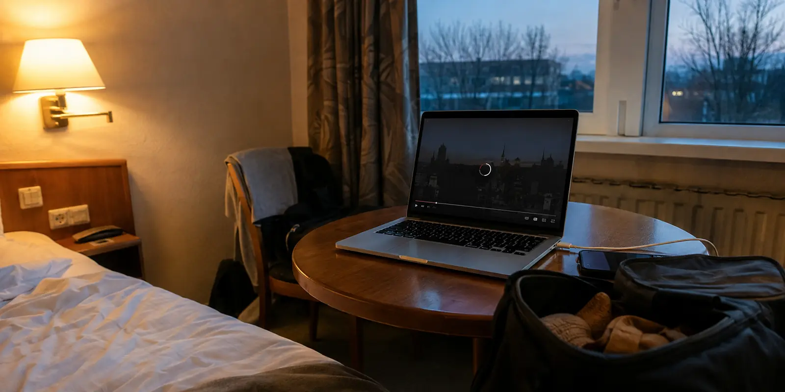 Laptop mit angehaltenem Videoplayer in einem Hotelzimmer im Ausland