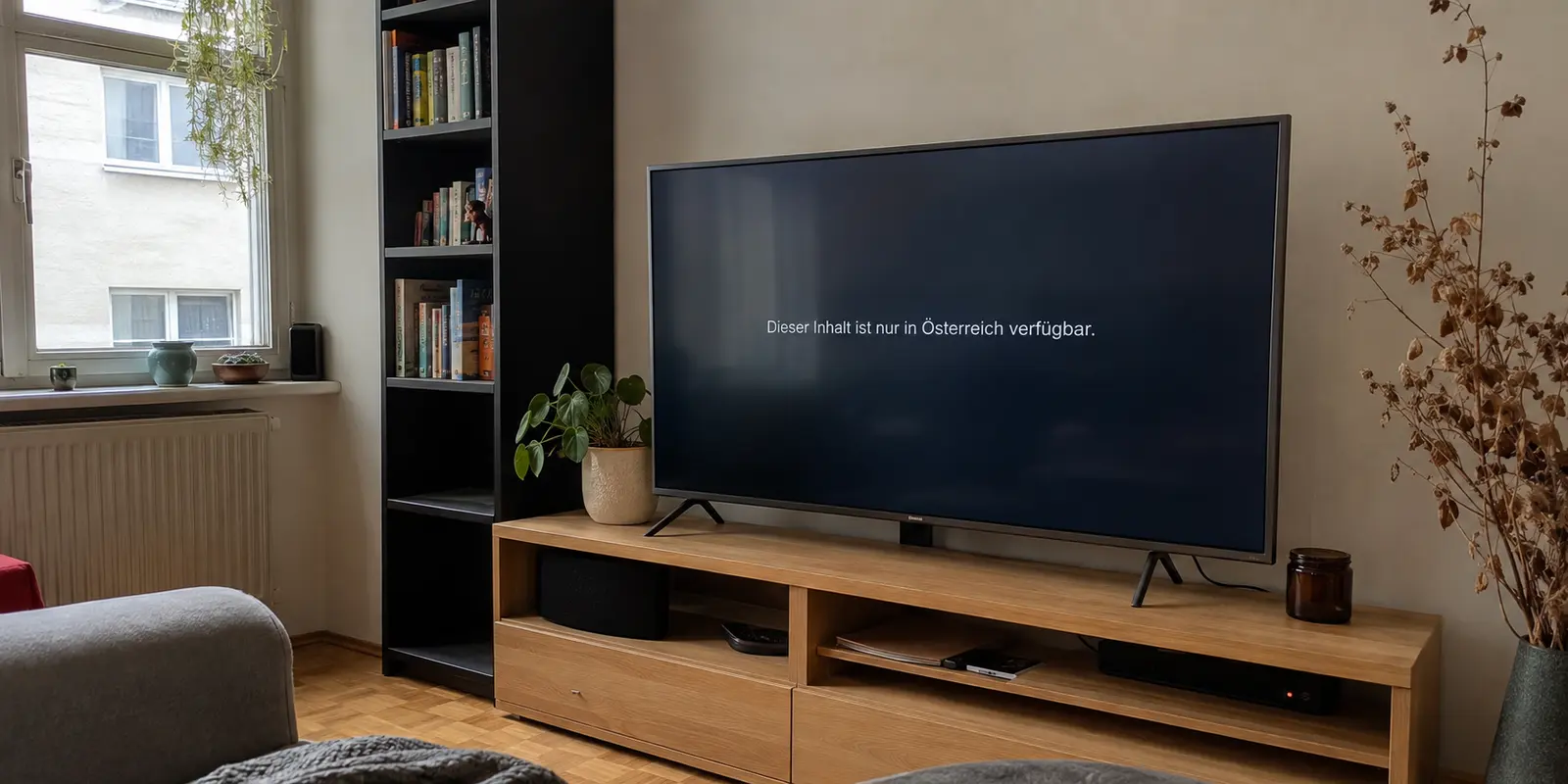 Fernseher in einer Wiener Wohnung mit dem Hinweis, dass der Inhalt nur in Österreich verfügbar ist
