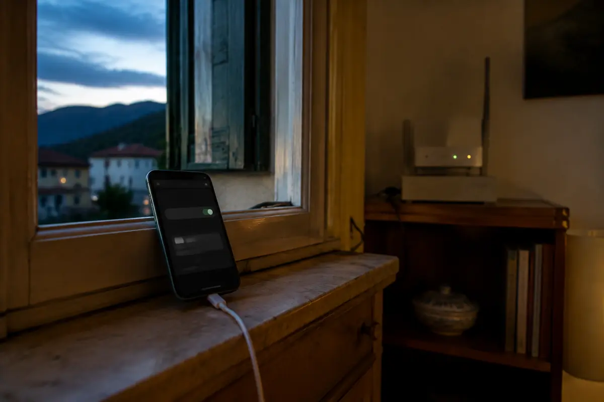 Telefon mit aktiviertem Hotspot vor dem schwachen Router einer italienischen Ferienwohnung