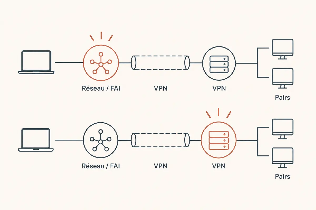 Comparaison des deux endroits où un trafic P2P peut être ralenti, avant le tunnel ou au niveau du VPN