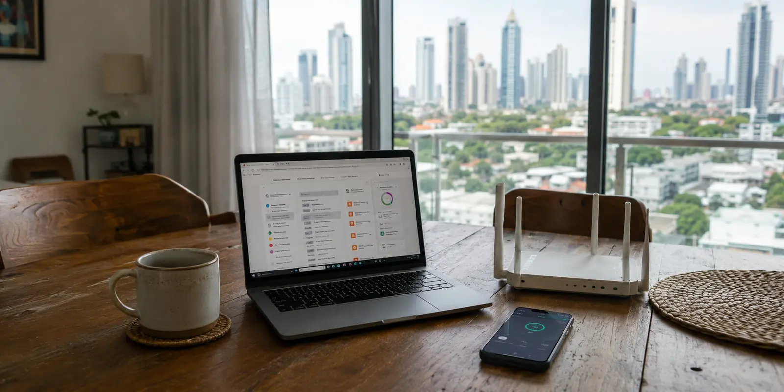 Portátil, teléfono y router sobre una mesa de un apartamento de Ciudad de Panamá durante una revisión de servicios digitales