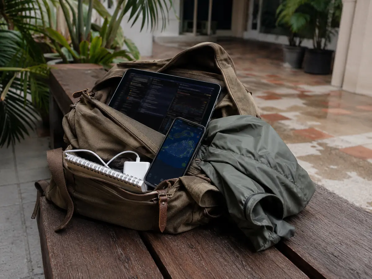 Mochila abierta con tableta, teléfono, cargador y libreta en un espacio público de Panamá