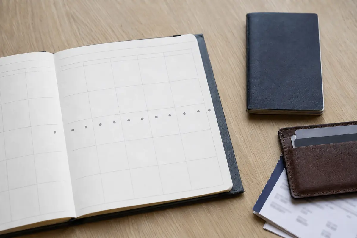 Calendario mensual con doce días marcados junto a documentos de viaje y una tarjeta