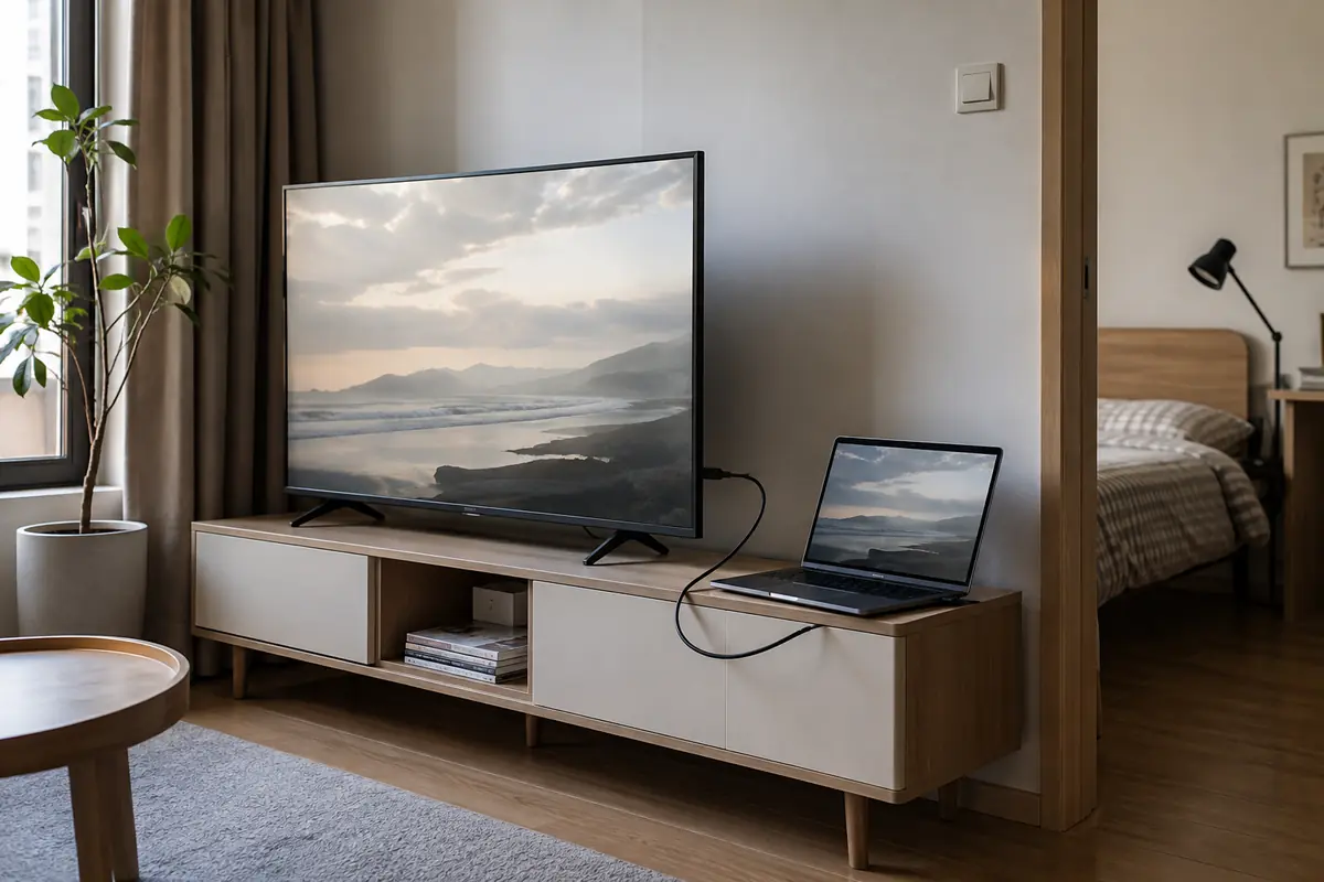 Portátil conectado por HDMI a un televisor que funciona únicamente como pantalla.