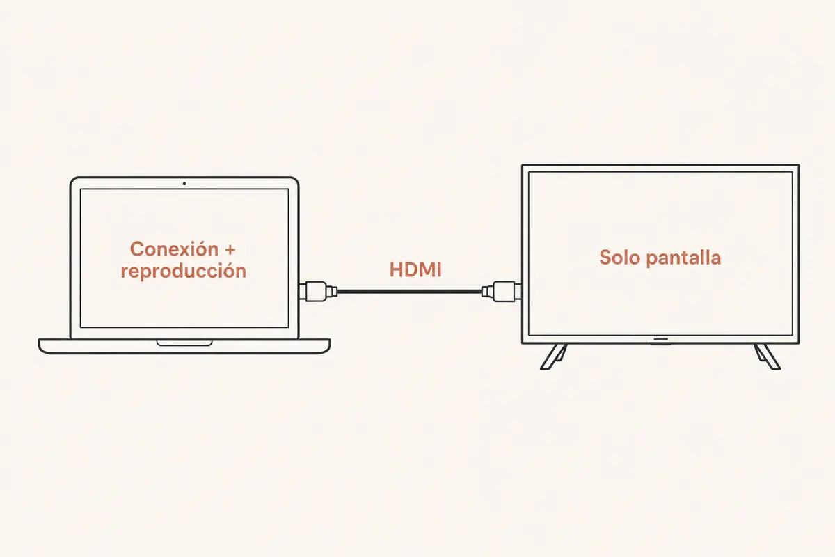 Esquema de un portátil que gestiona la conexión y la reproducción y envía la imagen por HDMI al televisor.