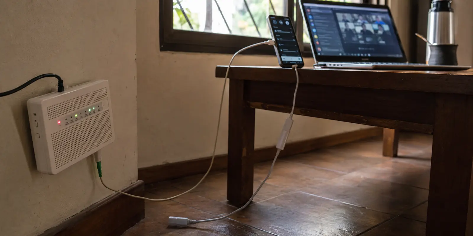 Terminal de fibra con señal de fallo junto a un teléfono compartiendo datos y un portátil preparado para una videollamada en Asunción