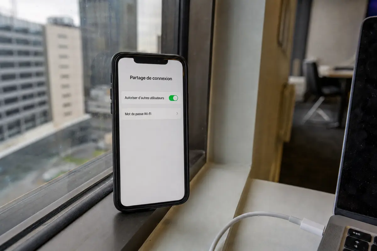 Un téléphone en partage de connexion posé près d’une fenêtre de bureau, à côté d’un ordinateur portable