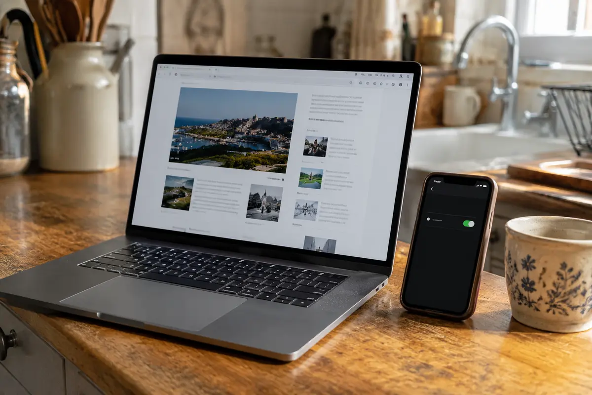 Le même ordinateur charge correctement une page grâce au partage de connexion mobile.
