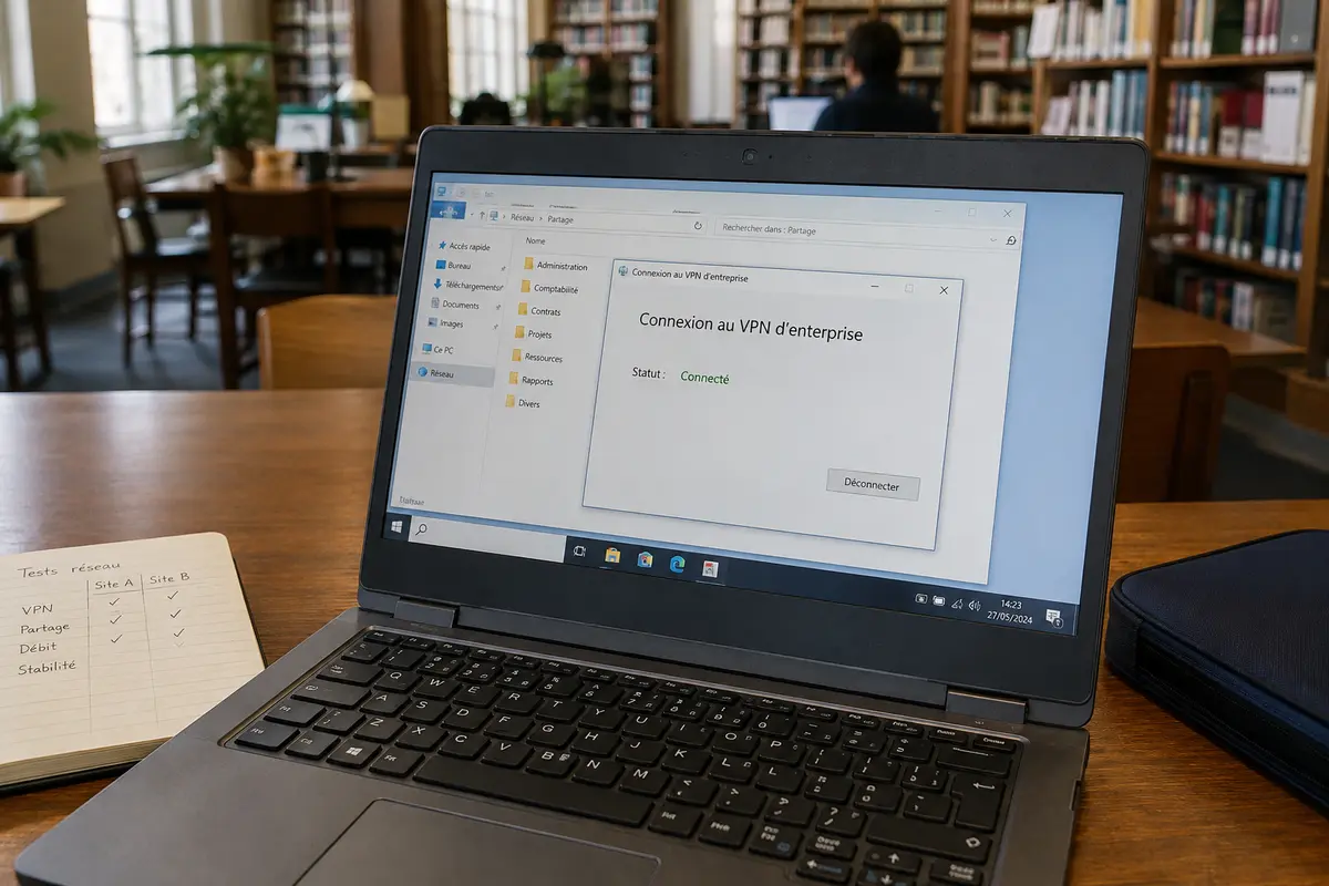 Le même ordinateur portable établit le VPN du bureau sur un autre réseau Wi-Fi dans une bibliothèque.
