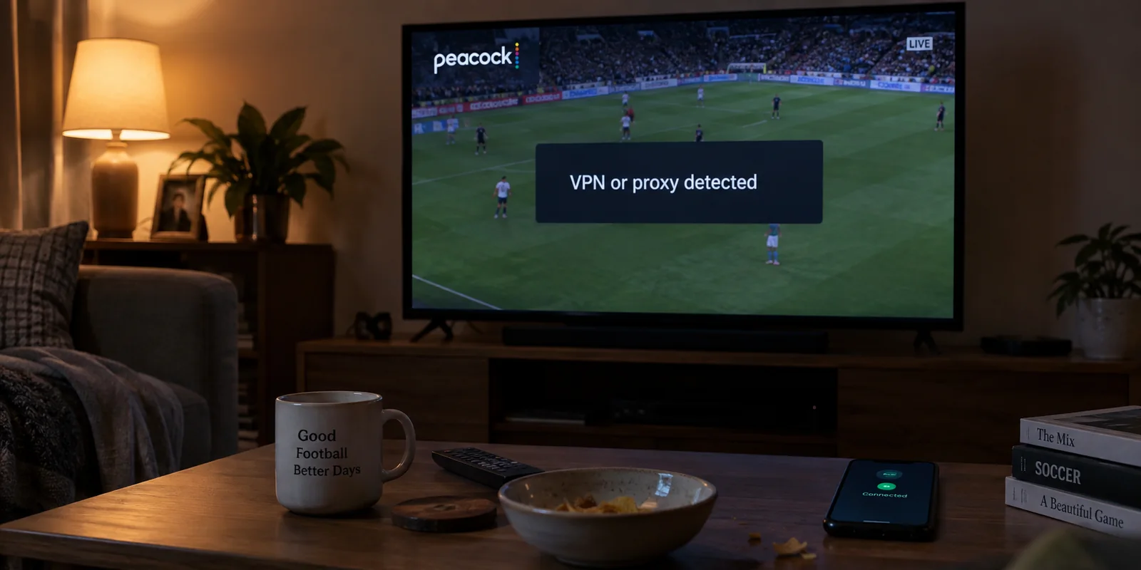A Peacock stream stops with a VPN or proxy detected warning while the VPN remains connected.