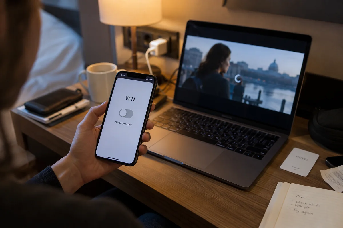A traveler disconnects the VPN on a phone before retrying the same stream on a laptop.