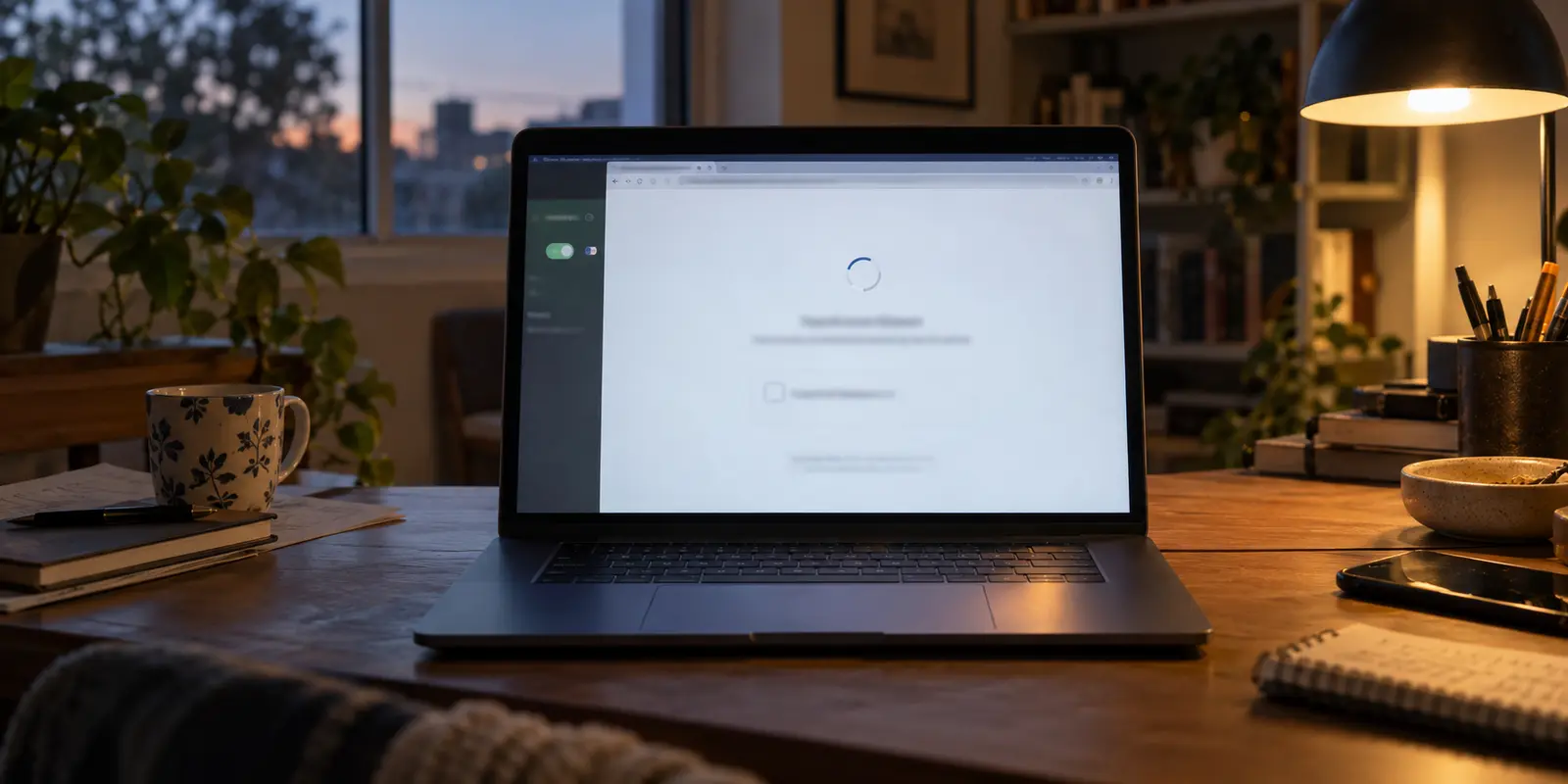 A laptop paused on a browser verification screen in a home workspace