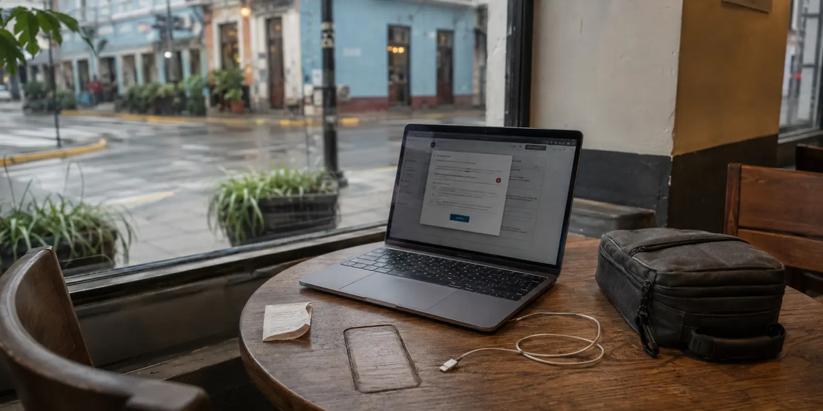 Portátil abierto en un café de Lima tras perder el teléfono, con cable de carga y equipaje sobre la mesa