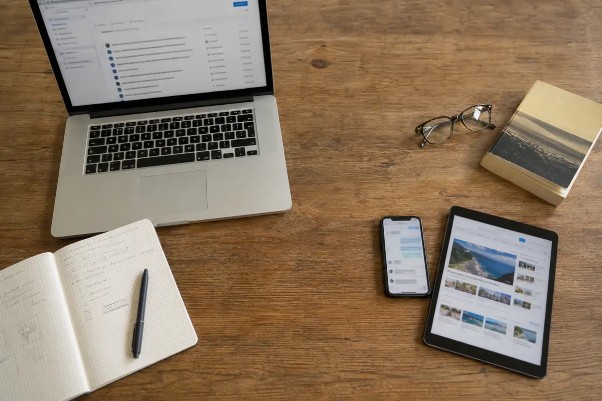 Ordinateur professionnel séparé d’un téléphone et d’une tablette personnels sur la même table
