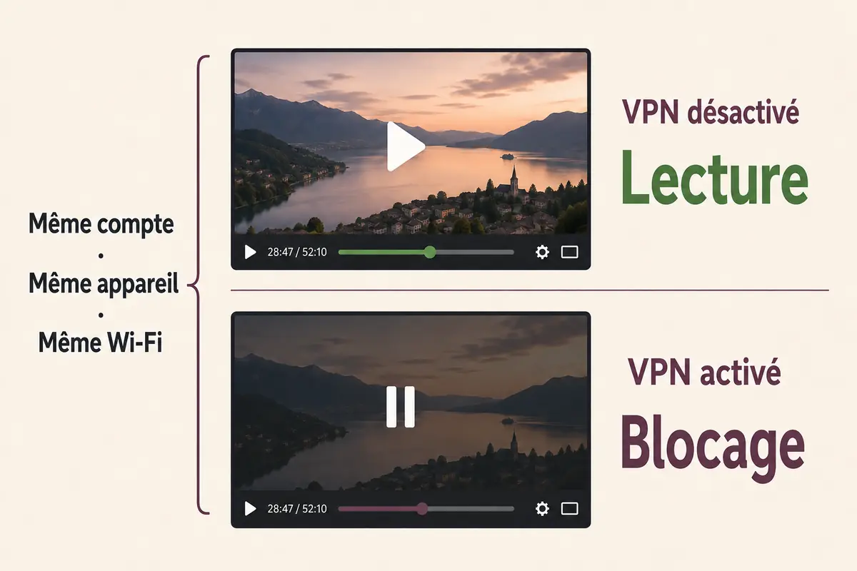 Comparaison du même compte Pickx sans VPN, avec lecture, puis avec VPN, avec blocage