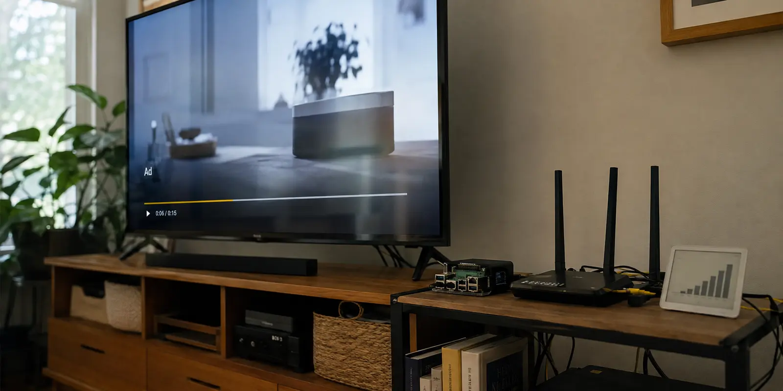 A home television plays a video advertisement while Pi-hole hardware and its blocking dashboard remain active nearby.