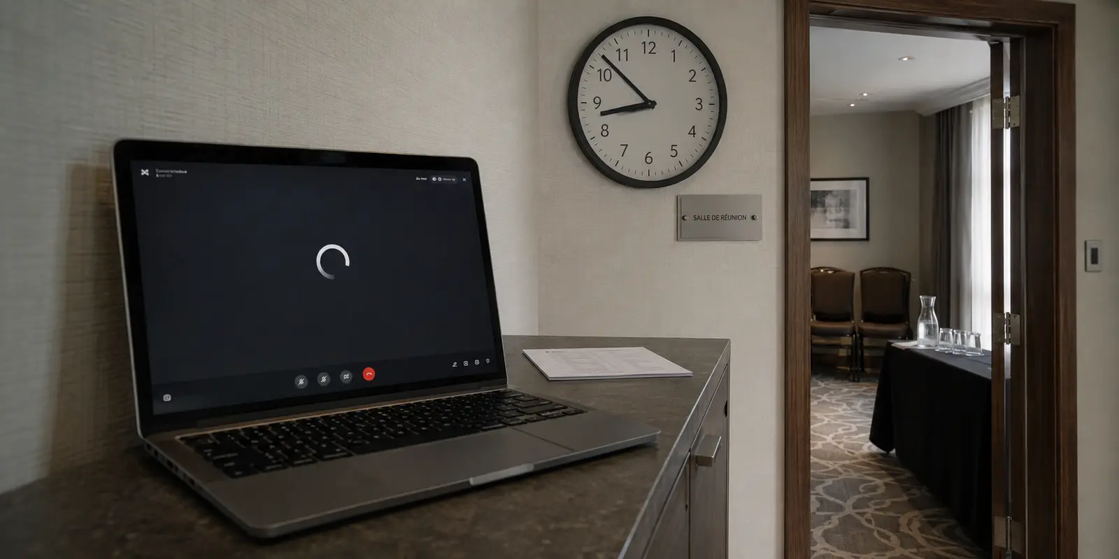 Ordinateur bloqué sur le chargement d’une visioconférence devant une salle de réunion d’hôtel peu avant neuf heures