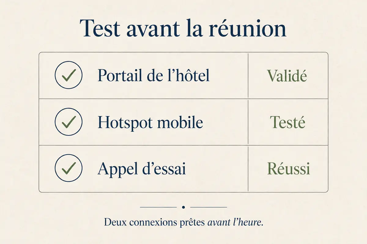 Liste de contrôle validant le portail de l’hôtel, le hotspot mobile et un appel d’essai