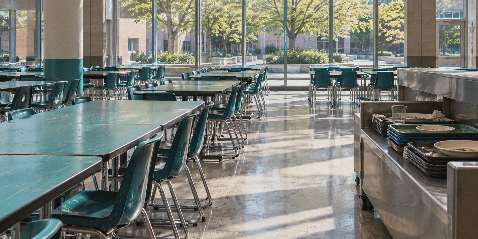 Quiet school cafeteria during a lunch break.