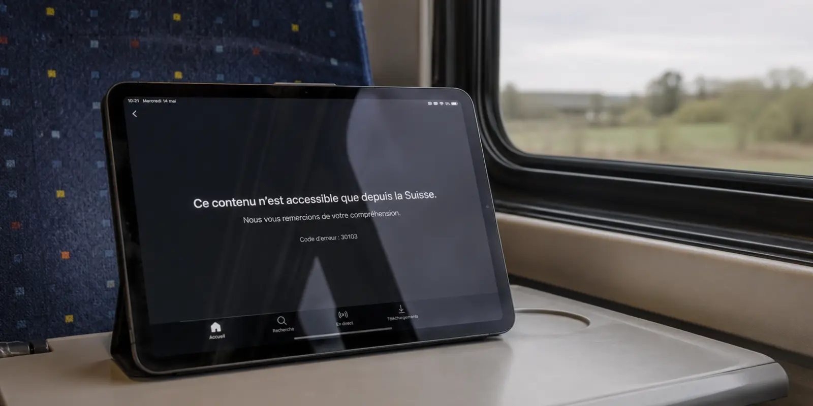 Une tablette dans un train affiche qu’un contenu n’est accessible que depuis la Suisse