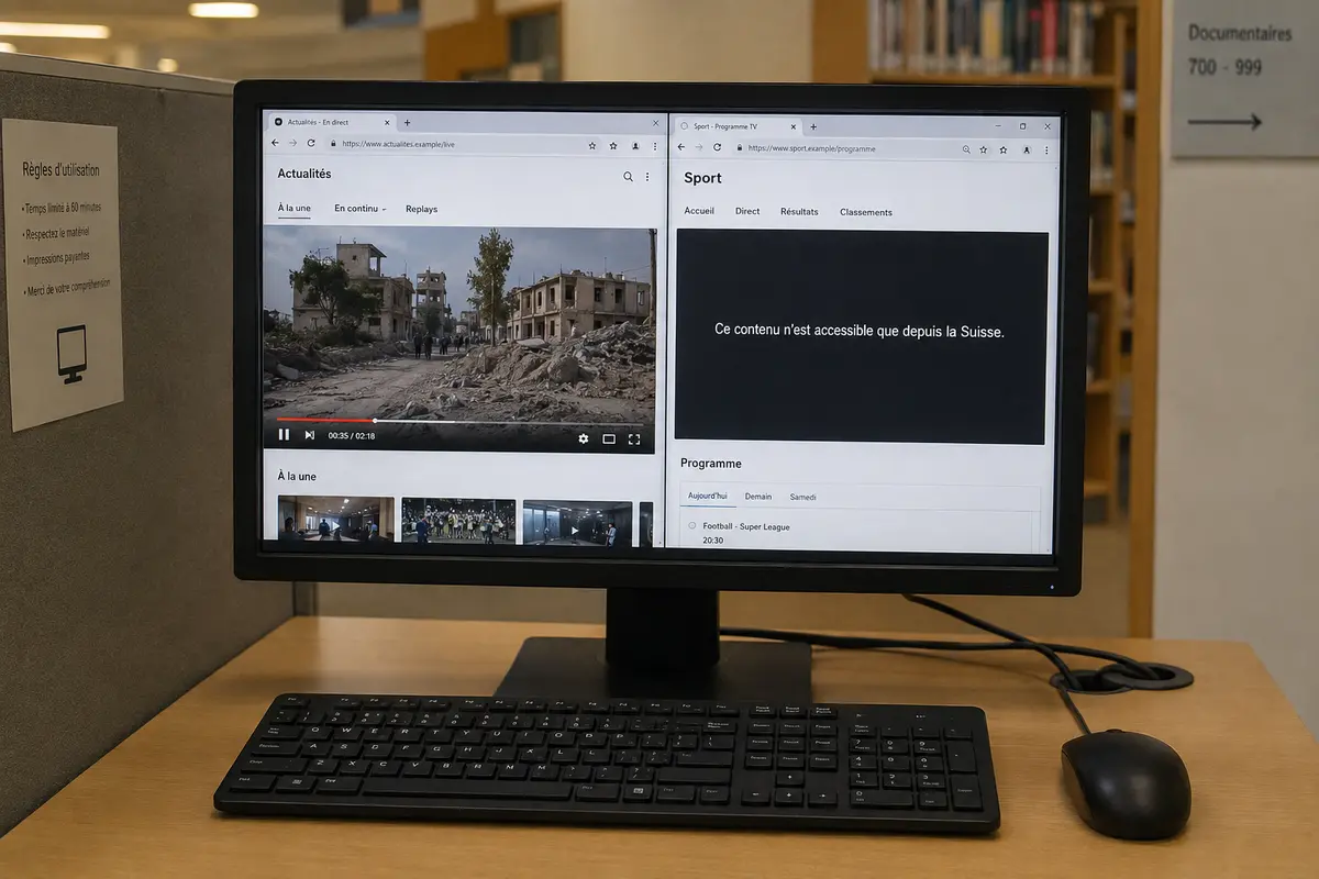 Deux contenus Play RTS ouverts côte à côte pour comparer la lecture et la restriction géographique