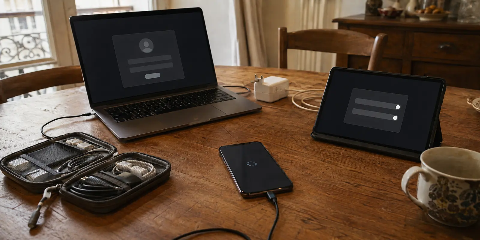 Ordinateur portable, téléphone et tablette affichant chacun une étape de configuration VPN sur une table