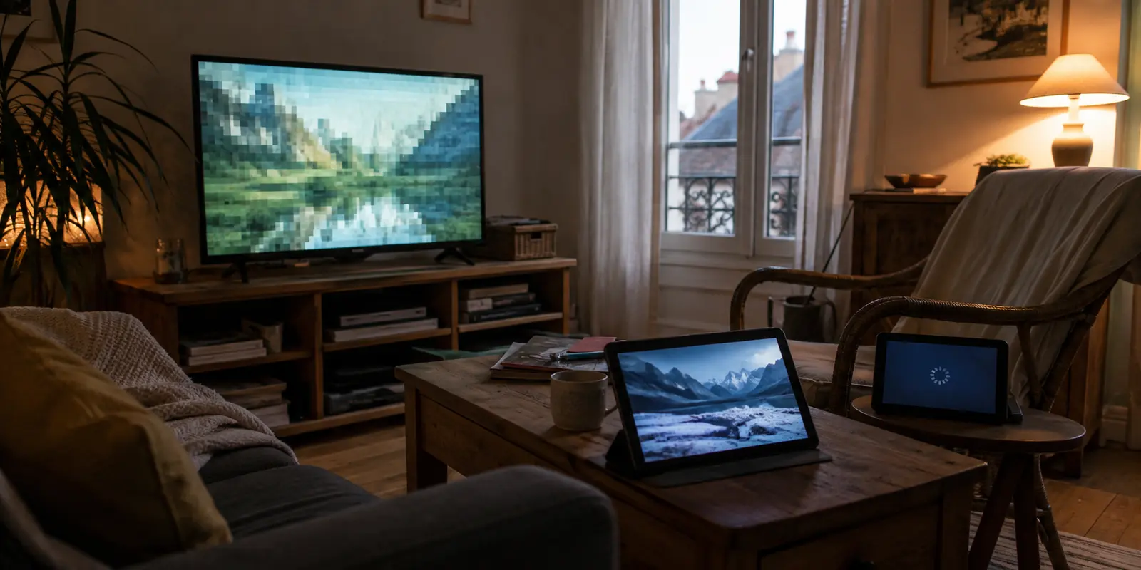 Trois écrans diffusent des vidéos dans un salon, avec une image pixelisée et un appareil en cours de chargement