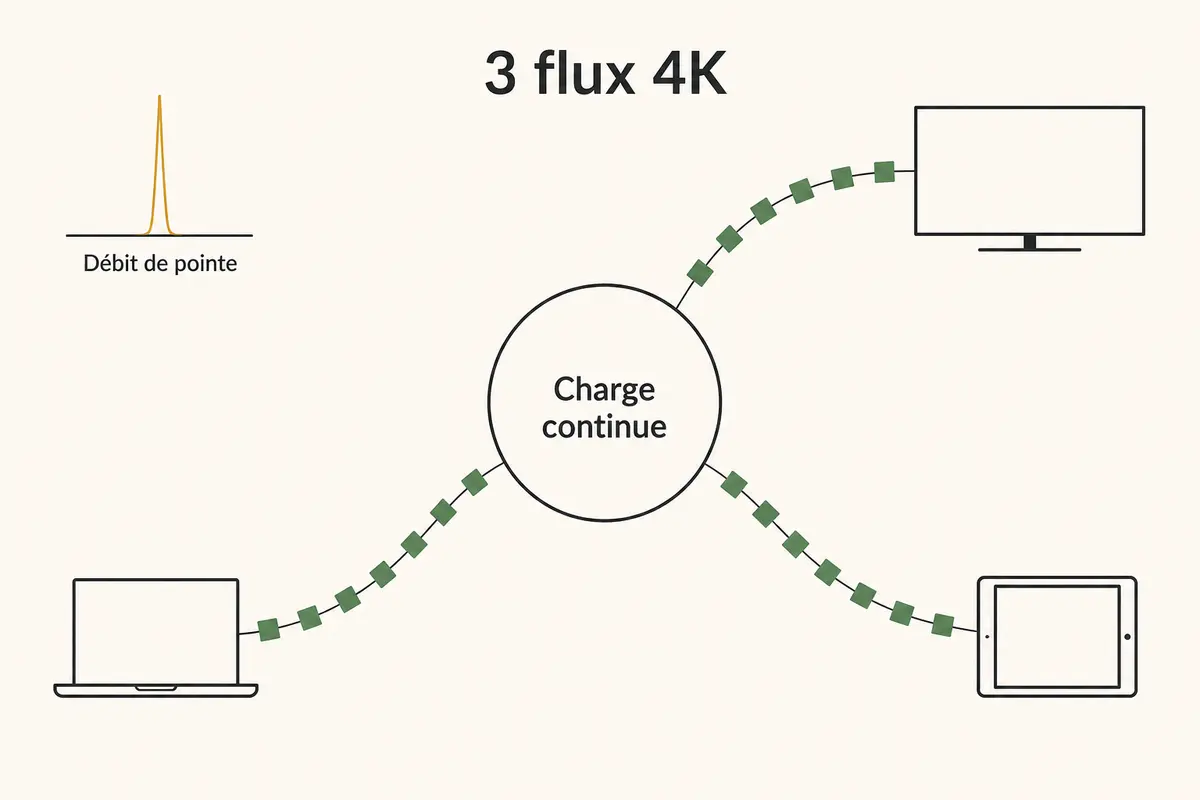 Schéma montrant une charge continue répartie vers trois appareils 4K, contrairement à un simple pic de débit