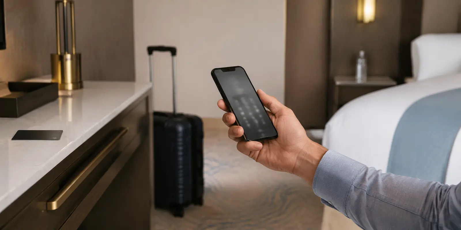 Viajero intenta realizar una llamada por internet desde el interior de un hotel de Dubái, con su equipaje y la tarjeta de la habitación cerca