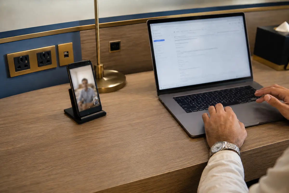 Teléfono conectado a una videollamada autorizada junto a un portátil usado para trabajar desde el hotel