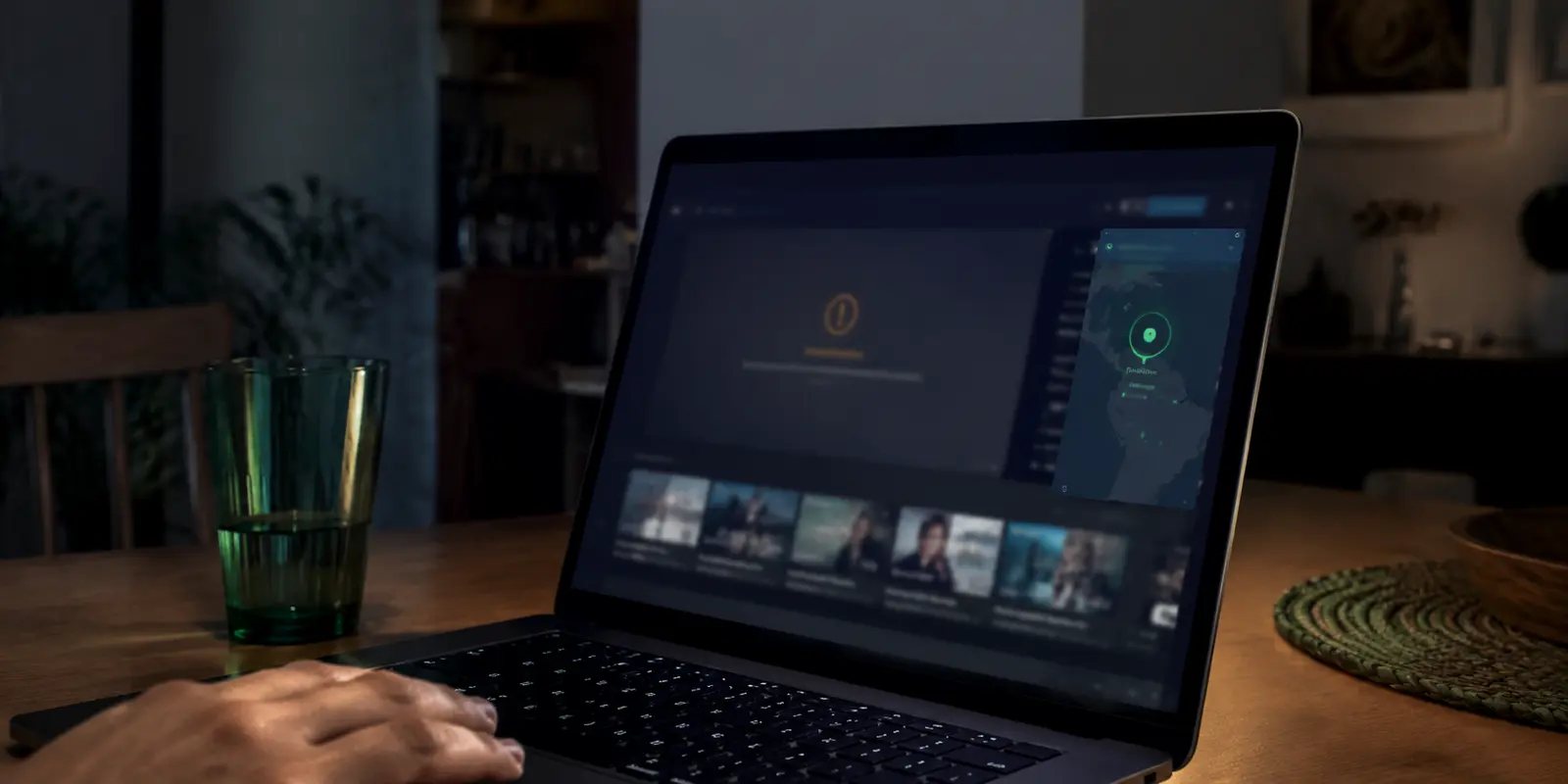 Notebook em uma mesa à noite mostra uma transmissão bloqueada enquanto a VPN está conectada