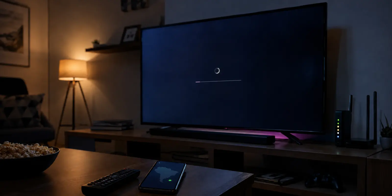 Televisor com reprodução parada enquanto um celular mostra uma conexão VPN localizada no Brasil