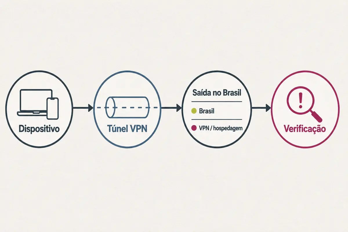 Rota linear do dispositivo pelo túnel VPN até uma saída no Brasil, ainda identificada como VPN ou hospedagem pela verificação
