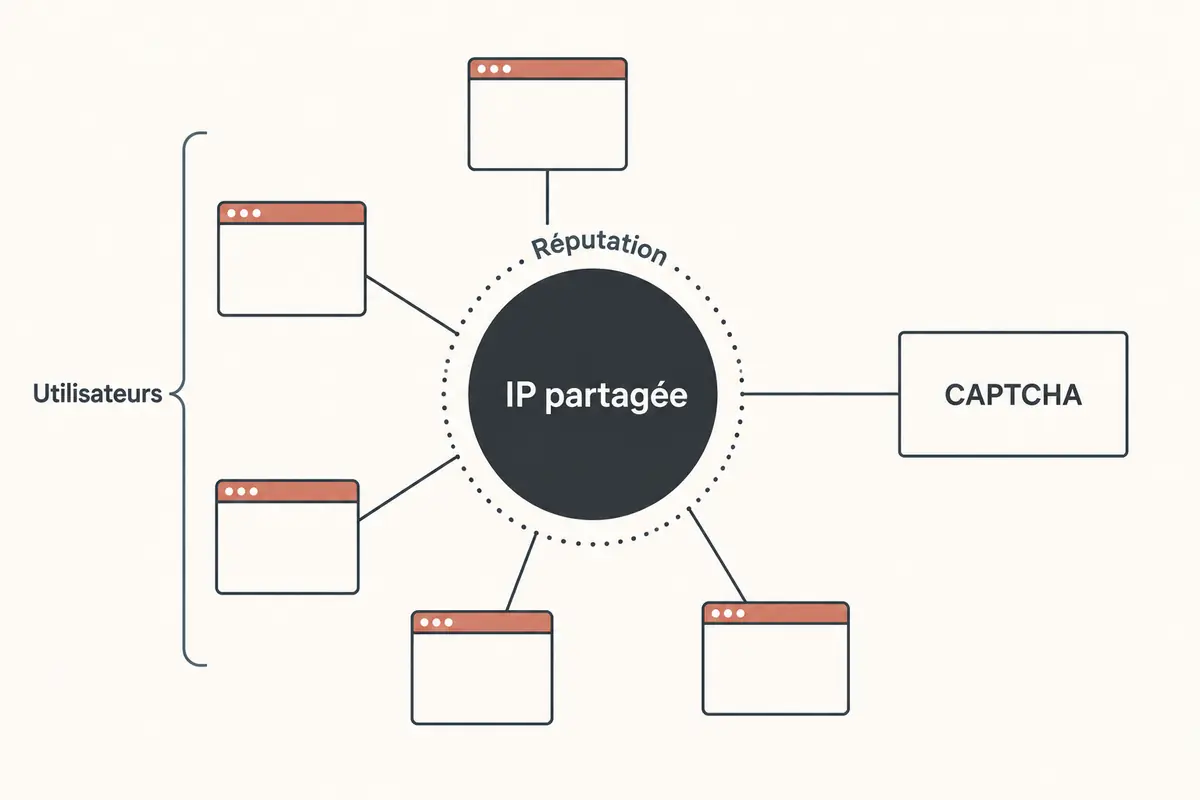 Schéma reliant plusieurs utilisateurs à une même adresse IP partagée et à un défi CAPTCHA