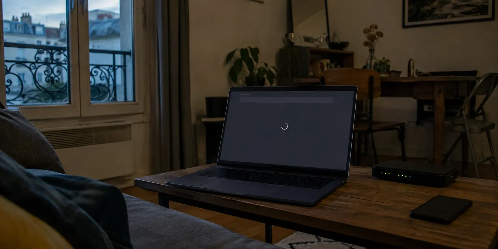 Un ordinateur affiche un chargement interrompu tandis que le routeur domestique reste connecté dans un appartement français