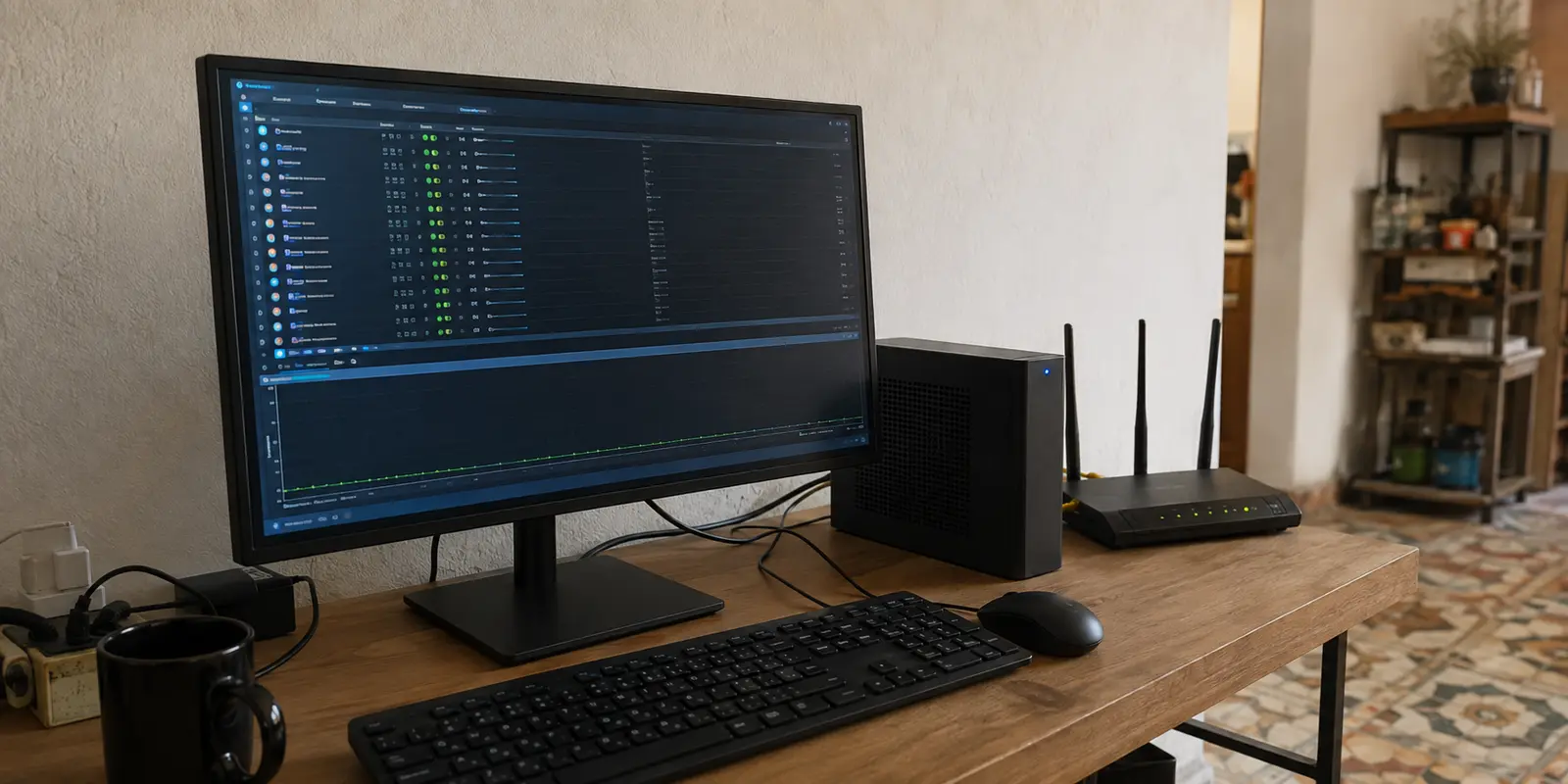 Equipo de escritorio y router en México con una transferencia P2P activa pero lenta