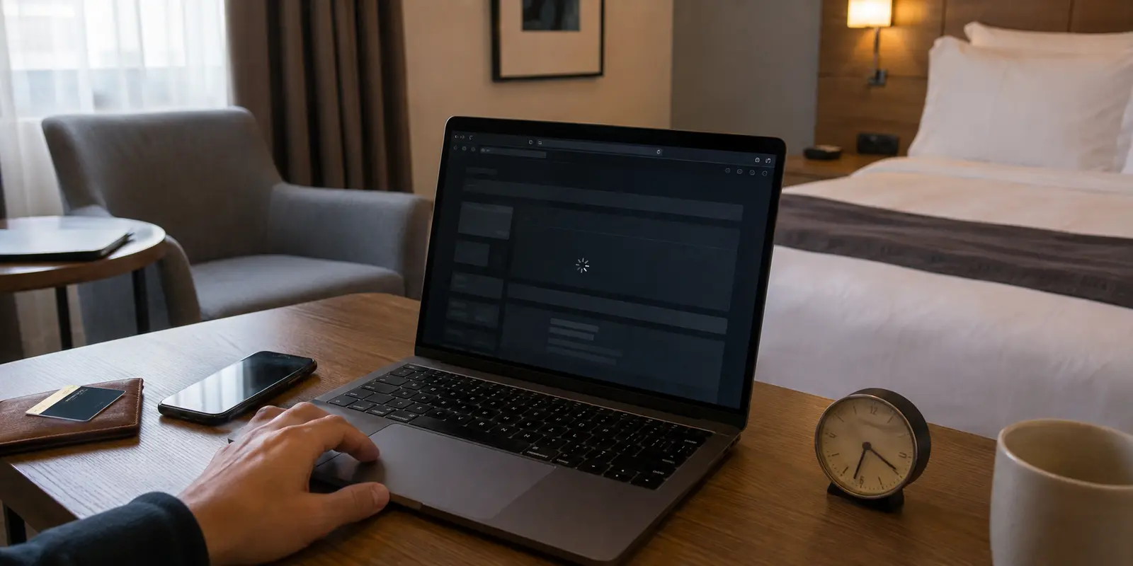 Un ordinateur qui ne charge aucune page sur le bureau d’une chambre d’hôtel, à quelques minutes d’un appel vidéo