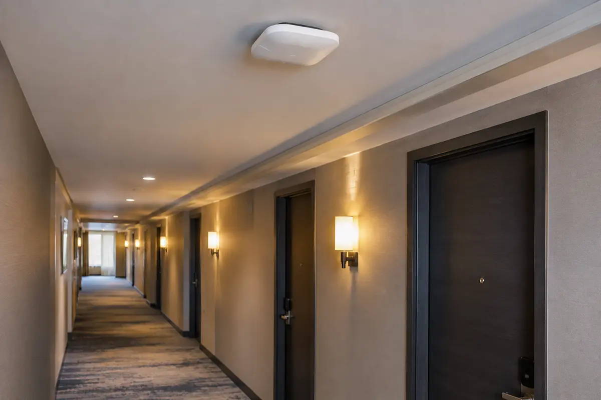 Un point d’accès Wi-Fi fixé au plafond dans le couloir d’un hôtel