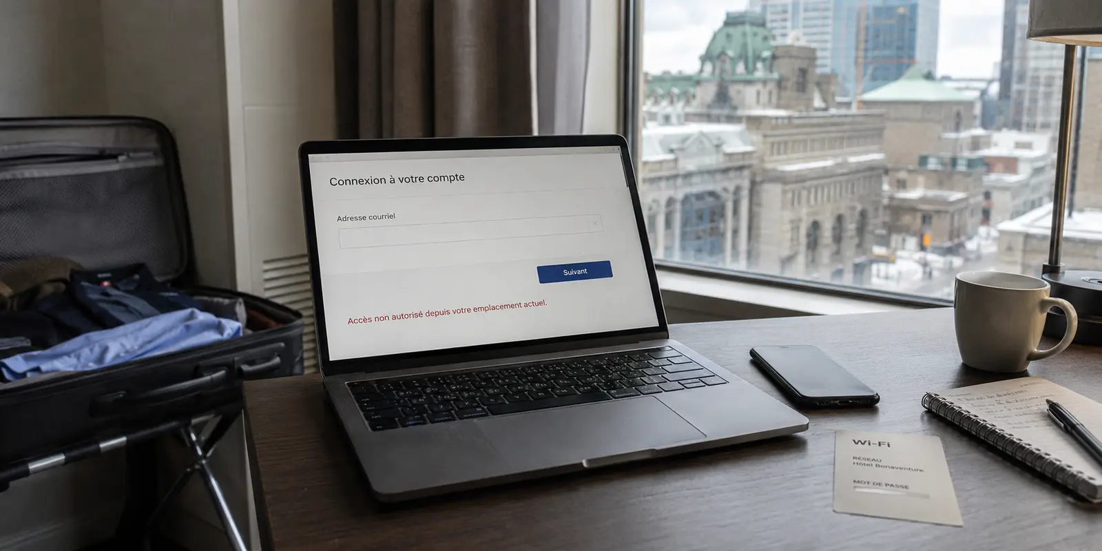 Ordinateur portable dans une chambre d’hôtel à Montréal affichant un refus d’accès depuis l’emplacement actuel