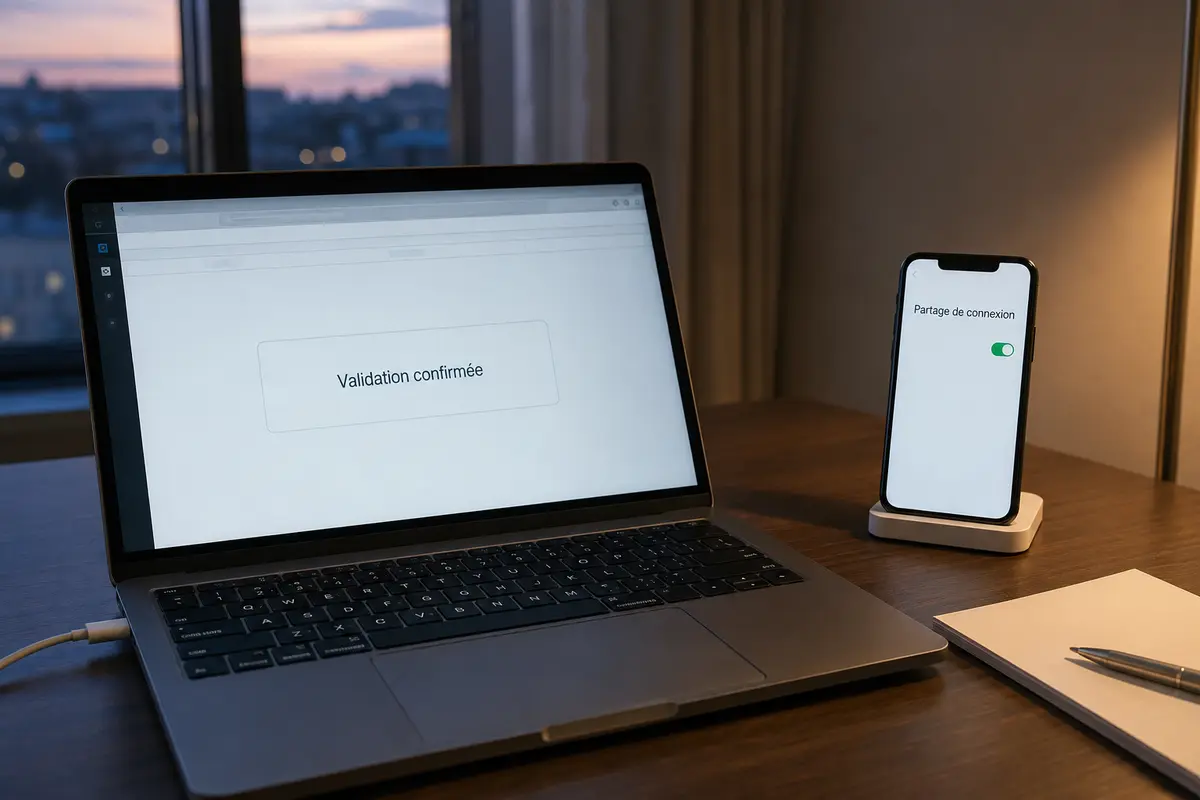 Portail fournisseur validé sur un ordinateur relié au partage de connexion d’un téléphone