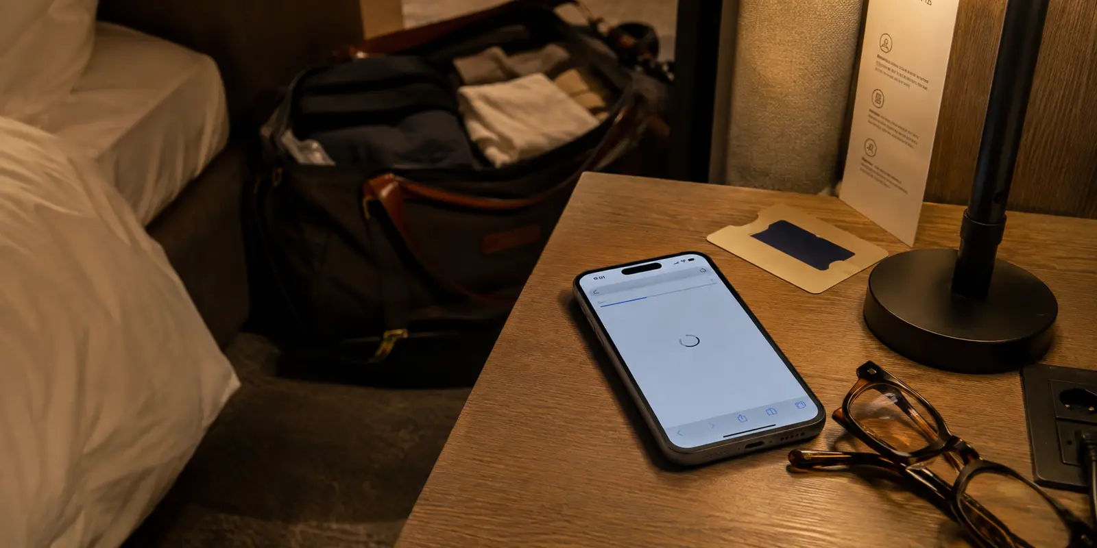 Téléphone connecté au Wi-Fi d’un hôtel tandis que la page Internet reste en attente