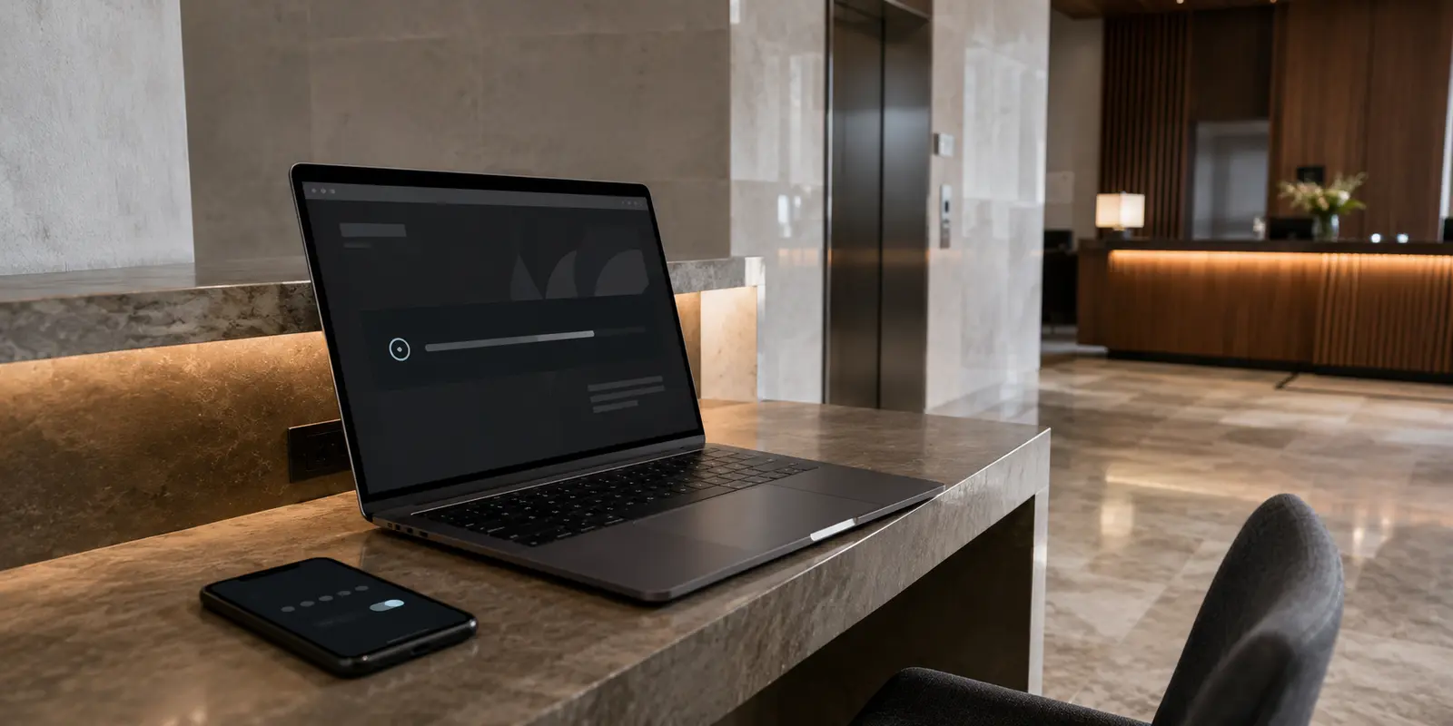 Notebook exibe um envio interrompido ao lado de um celular usado como hotspot no saguão de um hotel